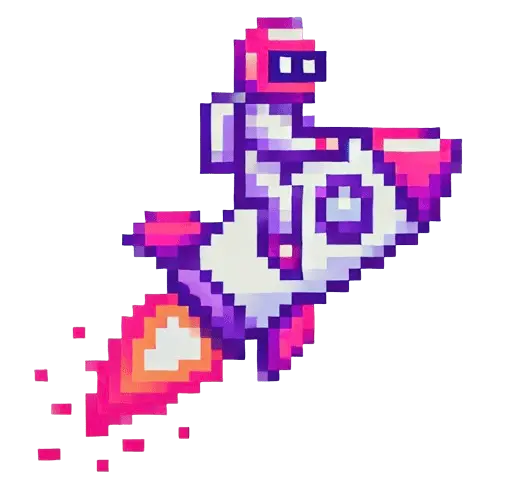 A character riding a rocket